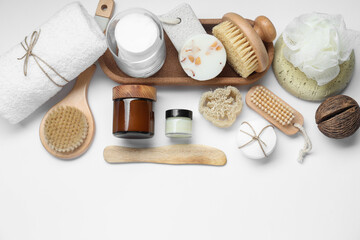 Bath accessories. Flat lay composition with personal care products on white background