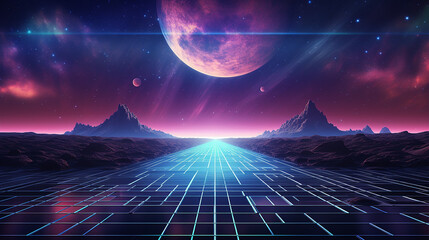 retro sci fi background futuristic landscape of the 80s. Digital Cyber Surface. - obrazy, fototapety, plakaty