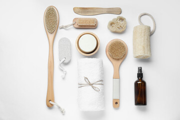 Bath accessories. Flat lay composition with personal care products on white background
