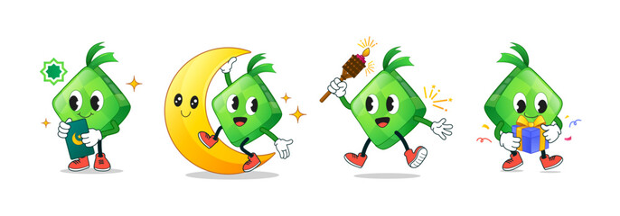 Obraz premium Ramadan hand drawn cute retro vintage ketupat character with green packet, crescent moon, pelita oil lamp and gift on white background. Holiday festive cartoon character set. Vector illustration.