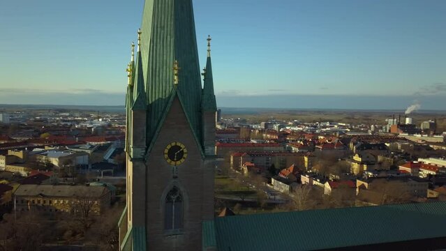 Aerial view of old historical Linkoping city in Sweden. European architecture in Scandinavian town