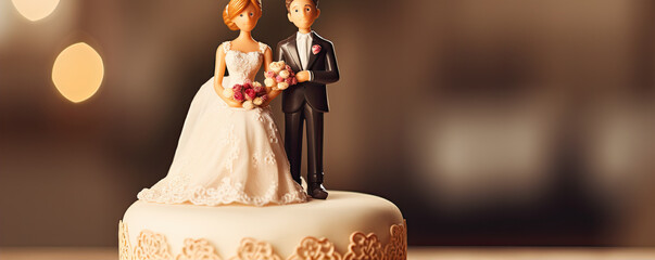 Bride and groom figurines on cake, Figurine on a wedding cake. - obrazy, fototapety, plakaty