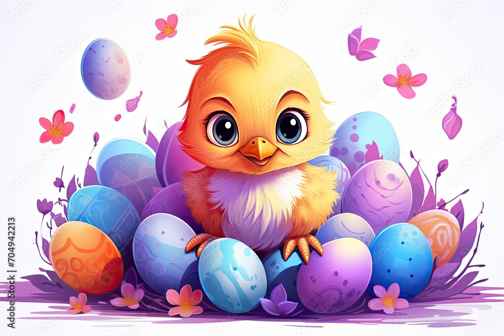 Wall mural cute easter chick and colorful eggs holiday design illustration