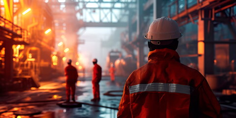 workers wearing hard hats and protective gear in construction and manufacturing. Generative ai