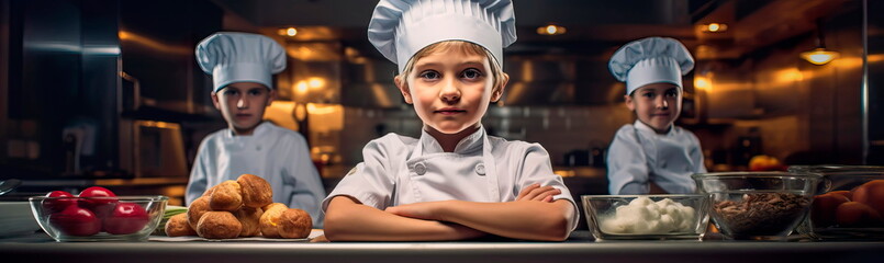 Children in professional kitchens, dressed as chefs, learning culinary arts. Generative AI - obrazy, fototapety, plakaty