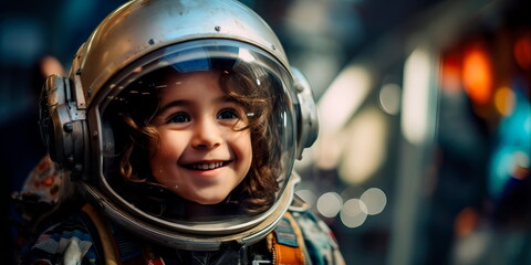 Child with a beaming smile in a spacesuit or a space lover dressed in a space-themed costume. Generative AI
