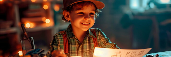 Child smiling while assisting an architect, perhaps holding . Generative AI