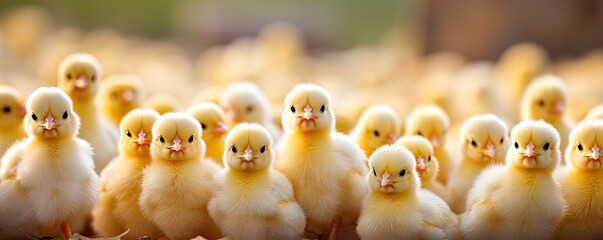 Small litte chikens, young cute yellow chicks in breeding farm.