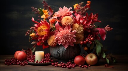 Gorgeous arrangement of autumnal orange, red, and berry flowers in a vintage vase set on a wooden table with candles and pink tissue.