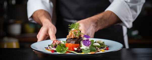 Chef hands prepares healthy food on wite plate.