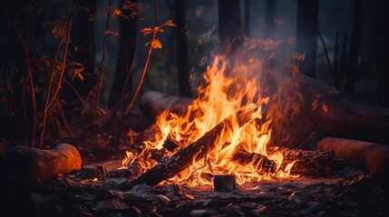 A bonfire in a woodland during a dark night with blurry background, surrounded by orange flames from burning wood and bricks.