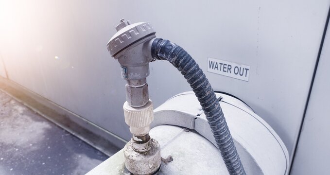 Close up the  temperature sensor installed on the water pipe chiller system.