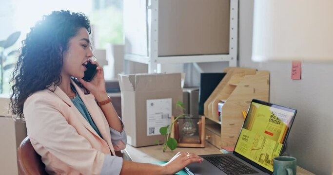 Woman, phone call and boxes for shipping, laptop and talk with point for business, strategy and growth. Entrepreneur, smartphone and conversation for advice, networking and thinking for supply chain