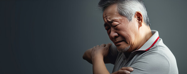 Asian elder man has a pain in shoulder.