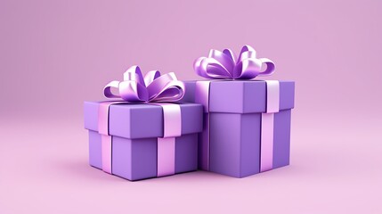 Obraz premium Two purple present boxes with ribbons and bows, isolated on a purple background, is depicted in this 3D picture.