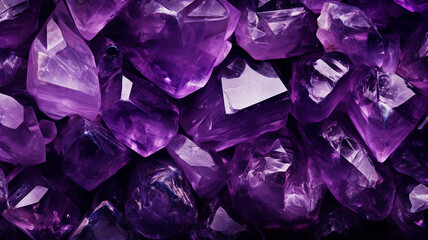 Amethyst crystals background texture close up macro, top view, flat lay