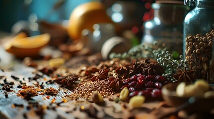 Spices and herbs on a wooden table. Selective focus.