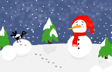 Winter picture with a snowman, fir trees, snow and snowflakes, a magpie on a snow globe. Vector graphics
