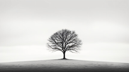 A black and white photograph of a lone tree in negative space.