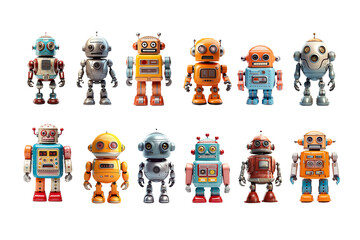 Collection set of vintage robots toys, miniature figurines isolated on white or transparent background, png file