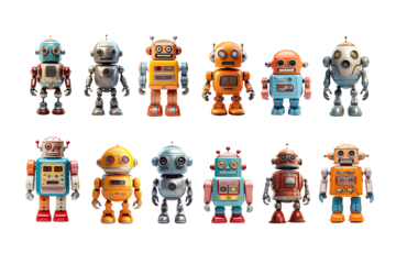 Collection set of vintage robots toys, miniature figurines isolated on white or transparent background, png file