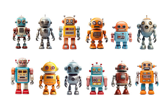 Collection set of vintage robots toys, miniature figurines isolated on white or transparent background, png file