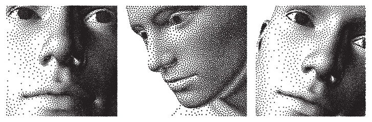 Abstract man head made from dots. Facial recognition. Close-up portrait of a man. Digital vision. Security technology and surveillance. 3D vector illustration for advertising, marketing, presentation.