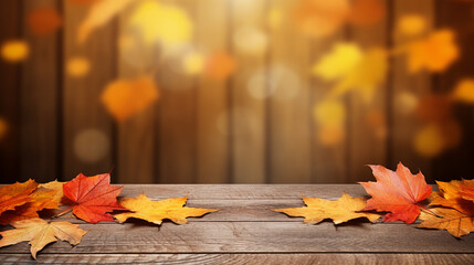 Naklejka na ściany i meble wooden table with orange leaves autumn blur background