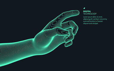 Business event invitation template. Finger pointing to information. Design elements for web. 3D vector for online courses, conference, master class, web based seminar, presentation or webinar. 