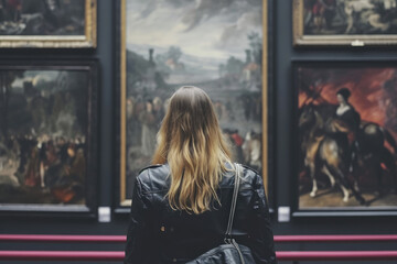 Young woman looks at paintings in a museum - obrazy, fototapety, plakaty