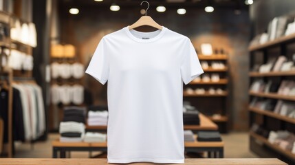 White T-Shirt Mockup Display in a clothing store