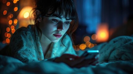 photograph of a sleep-deprived person in white pijame staring at their phone, bright screen illuminating a dark room