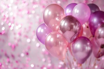 Elegant pink and purple balloons with glitter accents against a bokeh backdrop, ideal for feminine birthdays, bridal showers, or celebratory event invitations with a touch of sparkle.