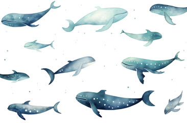 Watercolor blue whale illustration isolated on white background