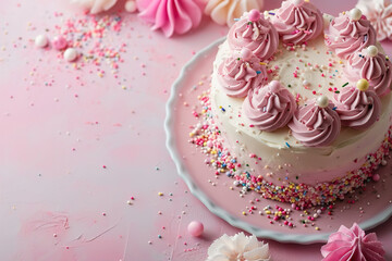 Decadent birthday cake with pink frosting swirls and a sprinkle of colorful confetti on a pastel pink backdrop, perfect for party invitations, bakery ads, or dessert menus. Copy space.