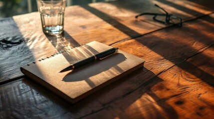 A mock-up of an office wooden table, a top view of a folder with a pen - Powered by Adobe