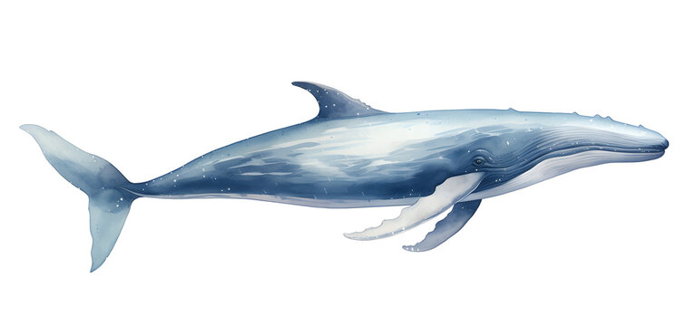 Watercolor blue whale illustration isolated on white background