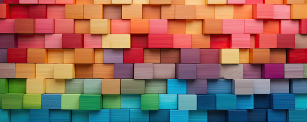 Wooden blocks in various colors like red, blue, green , orange, violet. Rainbow colors on wood cubes.