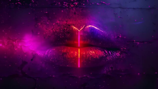 Lips kiss in neon UV lights. Beauty sexy lips close-up, disco. Woman mouth closeup. Metallic lipstick. Purple and blue ultraviolet lights. Slow motion 4K UHD video. Pink Neon hearts Valentine. Happy V