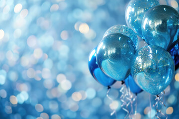 Celebration background with blue balloons and glitter, perfect for baby boy's birthday or welcoming party, with plenty of space for messages or event details. - obrazy, fototapety, plakaty