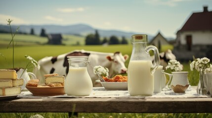 A bottle of milk, a glass of milk and a plate of cheese on the table in front of a field with cows - obrazy, fototapety, plakaty