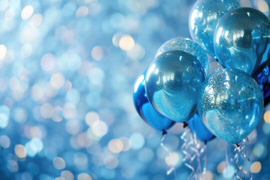Celebration background with blue balloons and glitter, perfect for baby boy's birthday or welcoming party, with plenty of space for messages or event details.