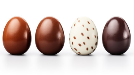 A row of Easter eggs covered with milk and white chocolate on a white background