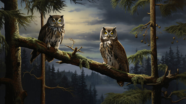 Perched owls in pine trees under moonbow