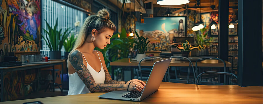 Young attractive woman with tattoo working on laptop in coffee bar.