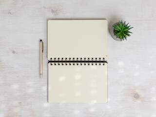 Spiral notebook empty open on wooden table with pen and plant. Office stationery mock up flat lay. - 704945435