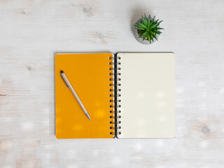 Spiral notebook empty open on wooden table with pen and plant. Office stationery mock up flat lay. - 704945460