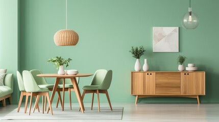 Mint color chairs at round wooden dining table in room with sofa and cabinet near green wall