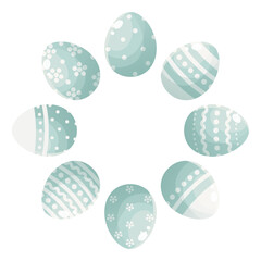 Round ornament, wreath of painted blue Easter eggs. Round frame with empty space for text. Composition on white background for greeting cards, posters, banners, invitations and social media posts