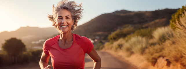 Middle-aged woman joyfully jogs along a sunlit country road. Copy space - obrazy, fototapety, plakaty